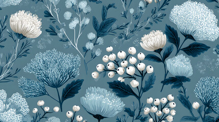Seamless doodle botanicals pattern in a winter color palette of pale dusty blue and white. Seamless botanical pattern in pastel blue and white. All over abstract floral print