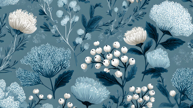 Seamless doodle botanicals pattern in a winter color palette of pale dusty blue and white. Seamless botanical pattern in pastel blue and white. All over abstract floral print