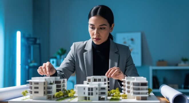 Concentrated female architect working on an architectural model of a residential building complex in her office at night, developing a new real estate project