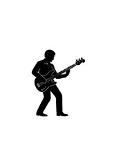 Silhouette of a Bass Guitarist in Action Playing Rhythmic Lines on Stage Isolated on White for Music Performance and Band Illustration Concepts