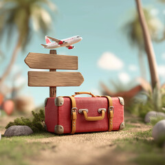 3D , suitcase and signpost with travel destination, airplane. Tourism and travel concept background