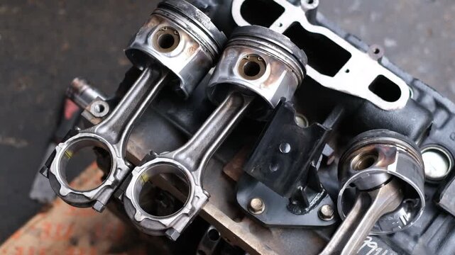 A close up of a car engine with three piston rings. The engine is in a workshop setting