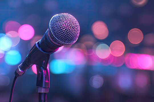 Stage microphone, vibrant lights, concert, performance, possible use event promotion