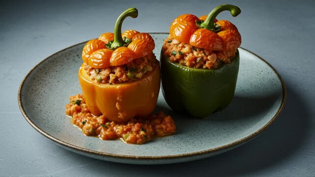 Stuffed Bell Pepper Dish With Cool Tone Cinematic Contrast Two Tone Color Composition Patterned Ceramic Plate
