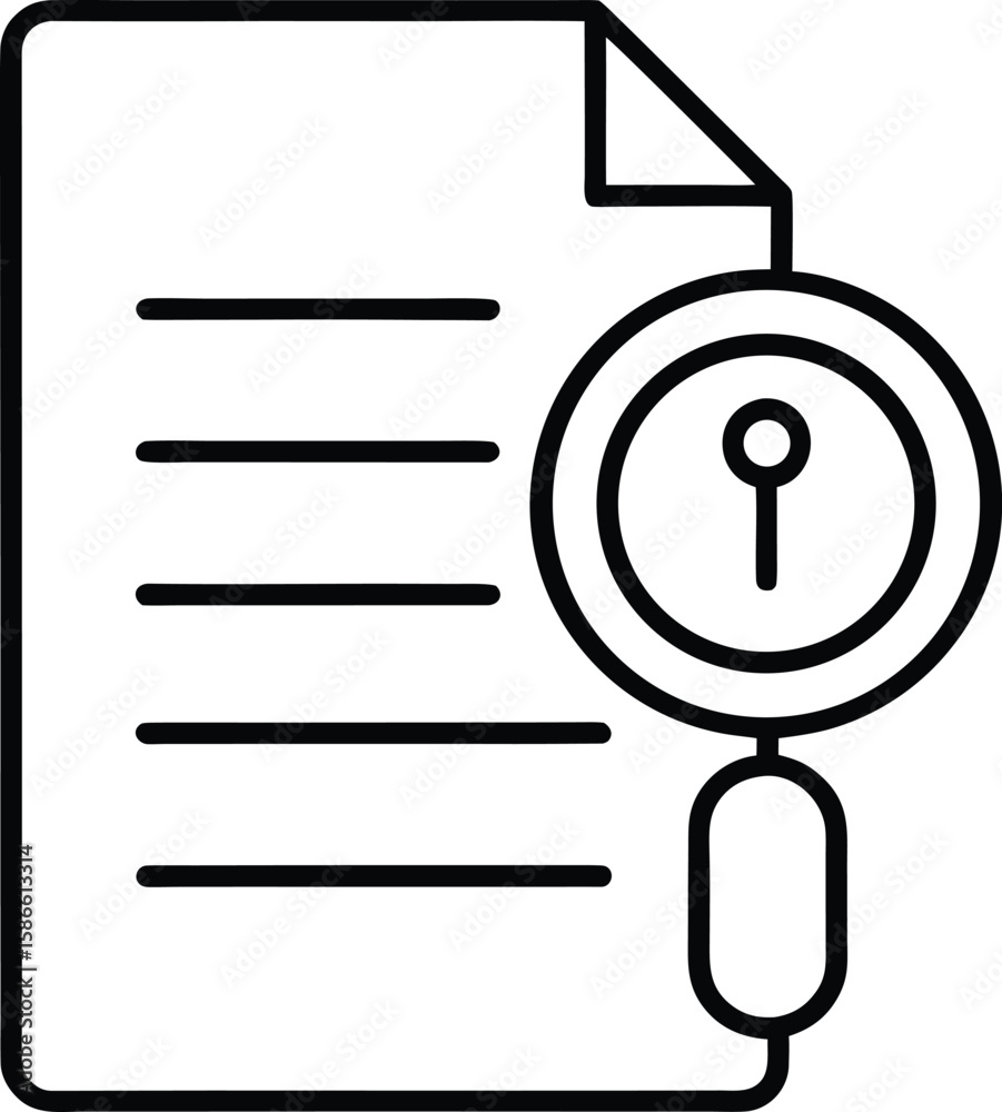 Poster line art icon of a document with a magnifying glass for analysis and search isolated on transparent 