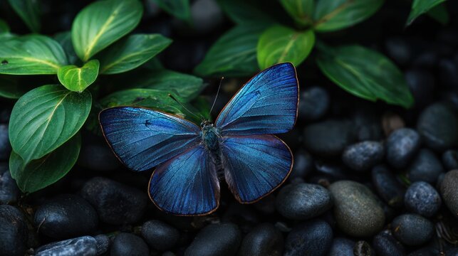 Sapphire butterfly resting on dark pebbles amid verdant leaves, gentle lighting