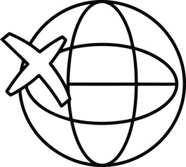 Naklejka premium Simple line icon of a globe with a circling airplane isolated on transparent background