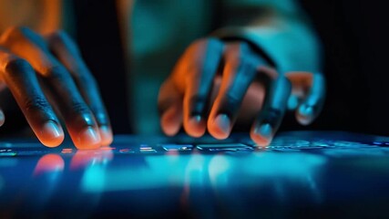Macro close-up of hands typing on a glowing futuristic interface. Slow motion, lateral tracking shot. 4K.
 - Powered by Adobe