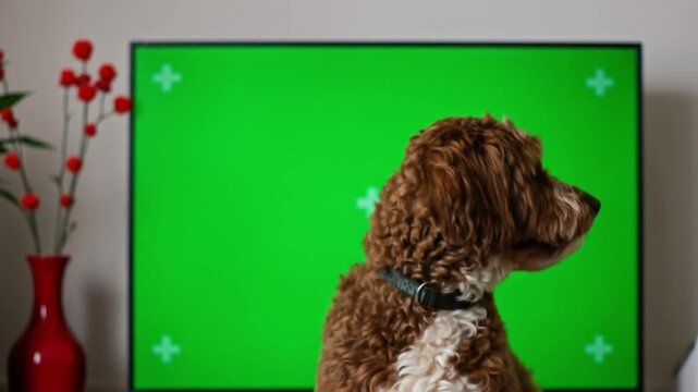 Adorable cockapoo dog portrait with green screen backdrop for versatile background replacement and creative projects