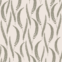 Seamless light pattern with meadow wild fern leaves on white background. Elegant pattern with delicate leaves. Vector. Template for fabric and textile, wallpaper, packaging