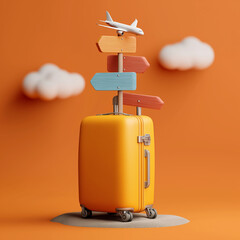 a suitcase, a directional signpost with popular travel destinations, and an airplane soaring in the sky. Perfect for illustrating vacation planning, tourism campaigns, flight booking, global adventure