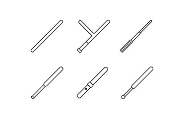 Set of six sports equipment icons including bats and swinging tools