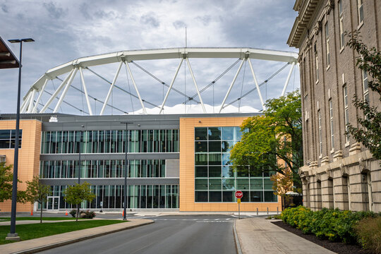 The Barnes Center at The Arch recreation complex with the JMA Wireless Dome looming behind on the campus of Syracuse University in Central New York.
