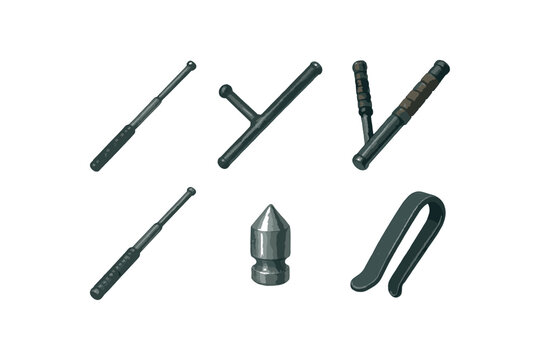 Collection of batons and tools - nightstick, tonfa, sjambok, extendable baton, spike, pry bar