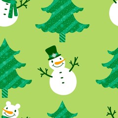 Christmas tree seamless snowman pattern for wrapping paper and fabrics