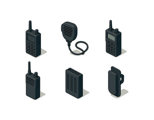 Retro communication devices collection with walkie-talkies and microphone