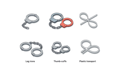 Police restraints illustration: leg irons, thumb-cuffs, plastic transport ties