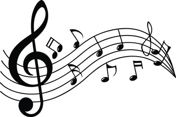Curved Musical Notes Staff Illustration in Black Silhouette. Treble Clef with Musical Notes Vector Staff Illustration. 
