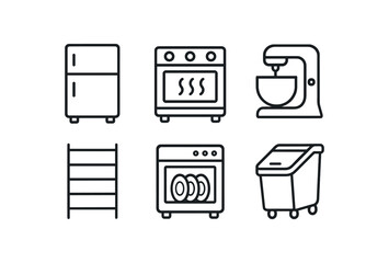 Kitchen appliance icons set: fridge, oven, mixer, rack, dishwasher, waste bin