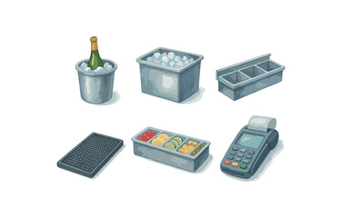 Ice buckets and kitchen items including bottle, tray, and pos machine
