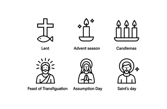 Religious symbols: lent, advent season, candlemas, feast of transfiguration, assumption day, saint's day icons