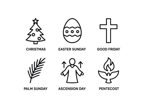 Christmas easter sunday good friday icons: palm sunday, ascension day, pentecost symbols