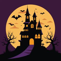 Haunted House Silhouette with Bats and Full Moon