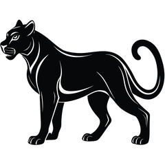 Fototapeta premium a panther in side profile with sleek body, alert stance, and curved tail, minimalist vector illustration isolated on white background, ideal for wild animal graphics, predator-themed artwork, and stro