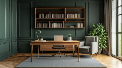 Formal study paneled walls, desk, bookshelves, chair, plant, rug, wooden floor