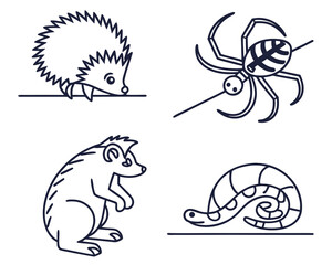 Fototapeta premium Illustration of a hedgehog peeking, a spider, a standing rodent, and a coiled worm in black outline