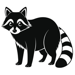 Fototapeta premium a raccoon in side view with bushy ringed tail and pointed face, standing pose with upright ears and arched back, minimalist vector illustration isolated on white background