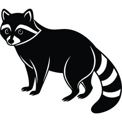 Obraz premium a raccoon in side view with bushy ringed tail and pointed face, standing pose with upright ears and arched back, minimalist vector illustration isolated on white background