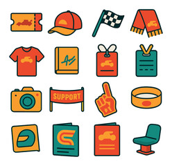Motorsport icon collection. simple racing icons: ticket, cap, flag, scarf, badge, camera, shirt