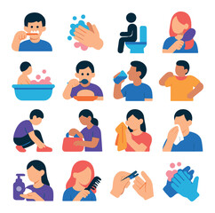 Self care icon collection. modern self-care flat icons. bath, hydrate, groom, hygiene, meditate