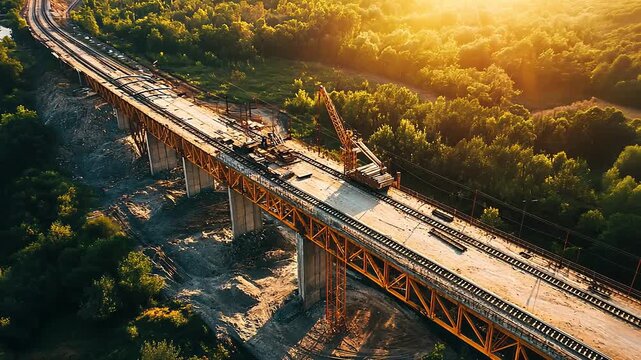 Aerial view of railway bridge under construction across green landscape
