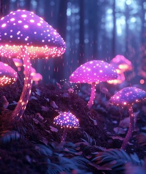 Magic mushrooms glow and dance in a psychedelic forest - 3d animation with vibrant colors.- trippy vaporwave surrealist video forest floor, stage graphic.