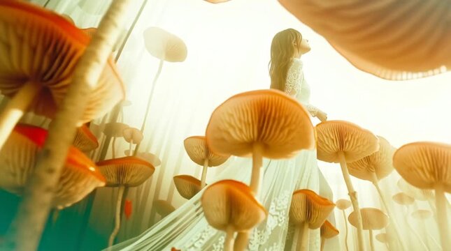 A beautiful asian woman walks elegantly amid giant mushrooms in a trippy, dreamy atmospheric animation - wanderlust magic shroom dreamlike fashion.
