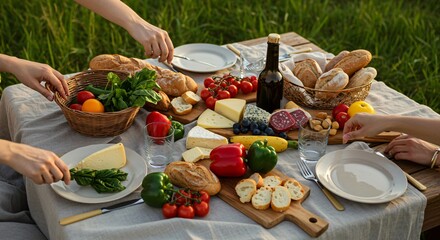 Outdoor Summer Picnic Feast Featuring Wine, Cheese, Bread and Fruits in Natural Light