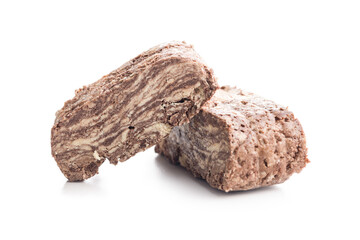 Halva with cocoa. Sweet oriental dessert isolated on white background.