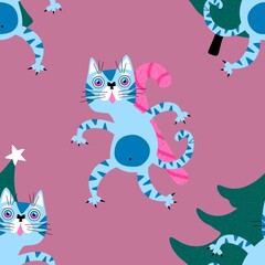 Christmas cartoon animals seamless cats and toys pattern for wrapping paper