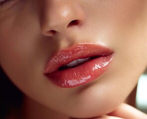 Fototapeta premium Profile view of shiny lips with soft lighting and smooth texture