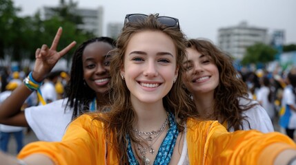 Three happy young women taking a memorable picture outdoors. Diverse friends smile brightly for a joyous day, celebrating together with a peace sign and cheerful spirit.