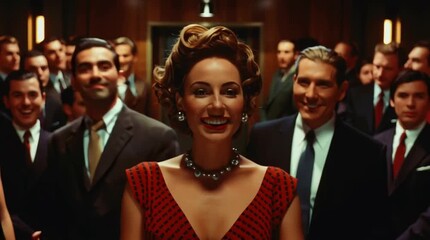 A pinup model walks through an office full of doting men - confident vintage style female - 1950's 1960's office culture - retro men stare and smile as she walks through offices. - Powered by Adobe
