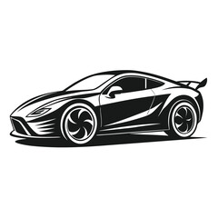 Naklejka premium a sleek sports car in side profile, dynamic and aerodynamic shape with bold curves and detailed wheels, minimalist vector illustration isolated on white background, ideal for automotive logos, racing 