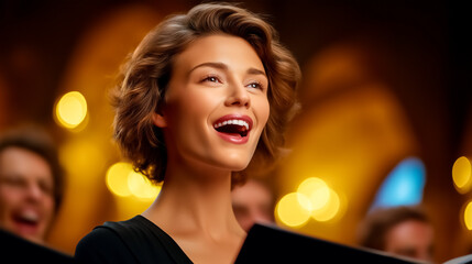 Woman singing joyfully with wide smile in choir performance. Warm ambient lighting creates a vibrant atmosphere in grand hall setting. Concept of music, performance arts, vocal training