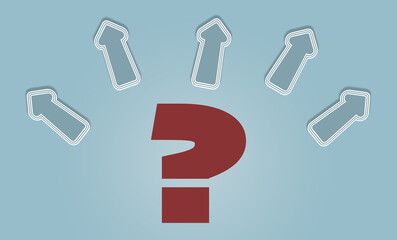 directional arrows and question mark symbol representing decision making on light blue background,...