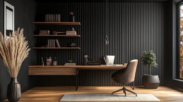 Modern workspace with wood shelves, desk, chair, dark walls, and light wood floor