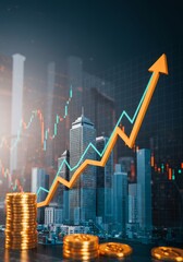 Financial Growth with Coin Stacks, Upward Arrow. Economic Success and Investment Growth over City Skyline. Rising Coin Chart, Green Arrow on Urban Background. Real Estate Investment and Market Boom 