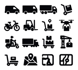Transport icon collection. delivery and logistics silhouette: truck, drone, forklift, map, scooter