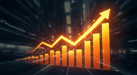 Financial Growth Graph over Modern City Skyline at night. Economic Success and Urban Development Concept. Upward Trend Orange Arrow on Cityscape Background. Business Estate Market Growth Chart